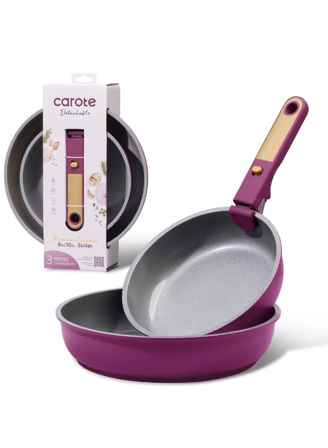 Carote 3-Piece Ceramic Frying Pan Set, 8" & 10" Nonstick Fry Pans with Removable Handle, PFAS-Free Healthy Cooking, Full-Spray Base, All-Stovetop Compatible Skillet Set, Dishwasher Safe (Purple) - Image 1